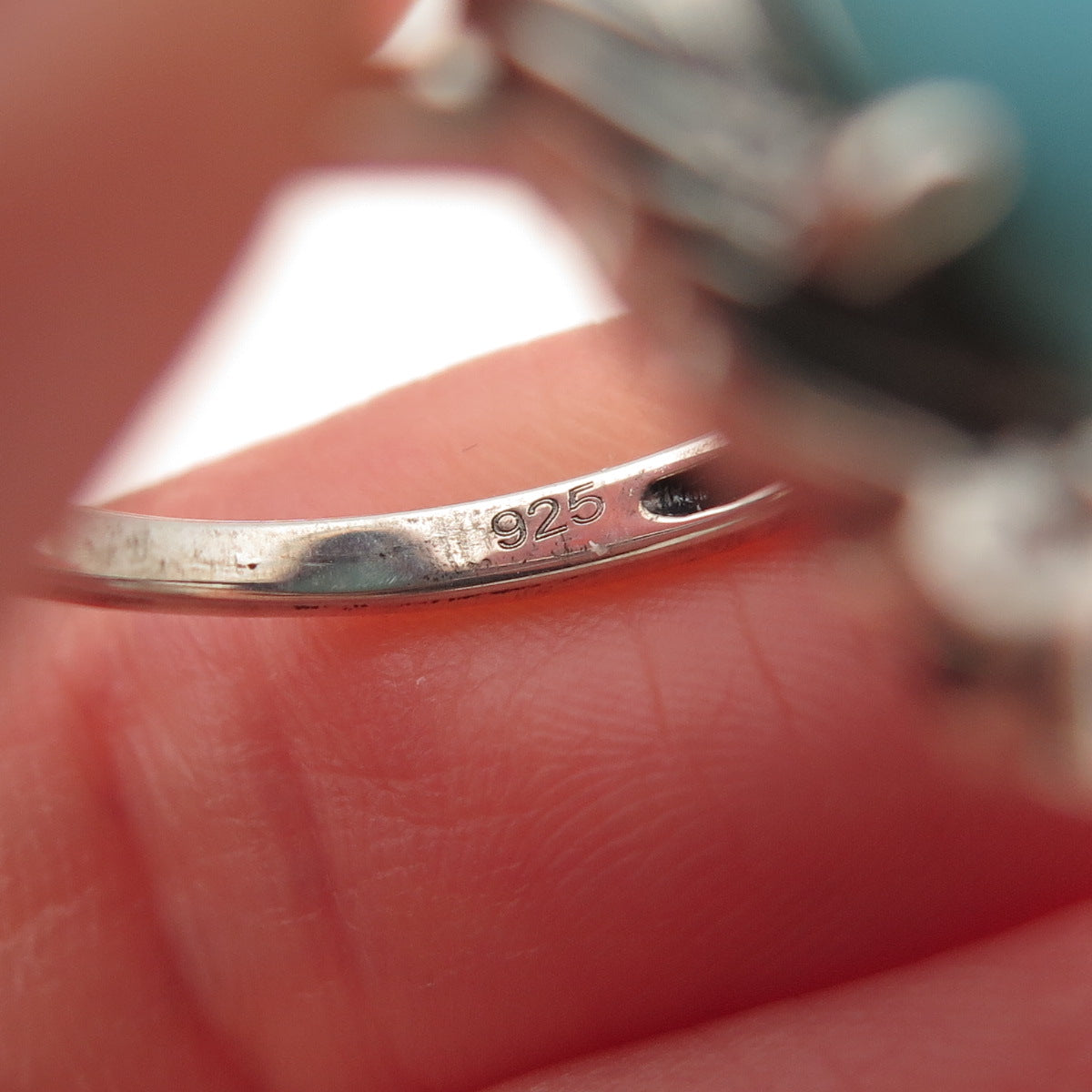 925 Sterling Silver Real Tyrone Turquoise Floral Oxidized Ring Size 8