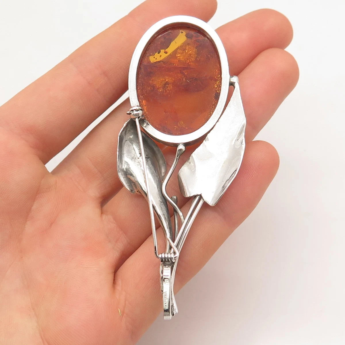 925 Sterling Silver Vintage Graciana Real Amber Floral Leaf Pin Brooch