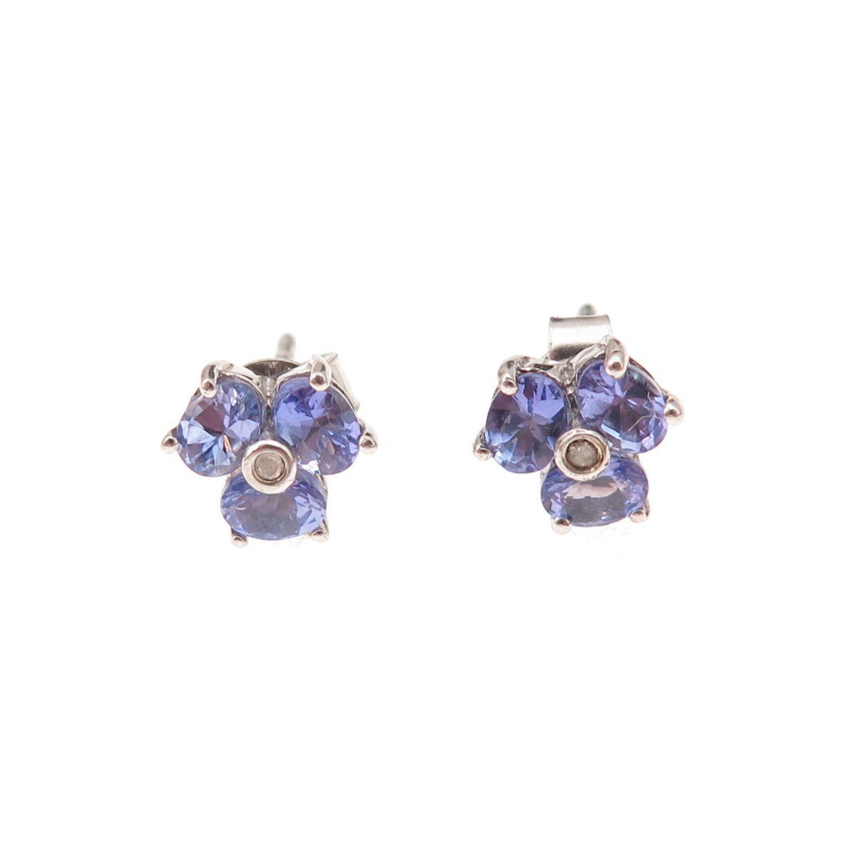 Chuck Clemency 925 Sterling Silver Real Diamond & Tanzanite Flower Stud Earrings