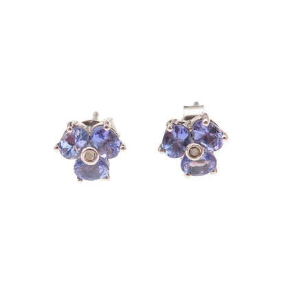 Chuck Clemency 925 Sterling Silver Real Diamond & Tanzanite Flower Stud Earrings