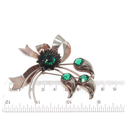 925 Sterling Silver Antique Art Deco Green Rhinestone Floral Leaf Bow Pin Brooch