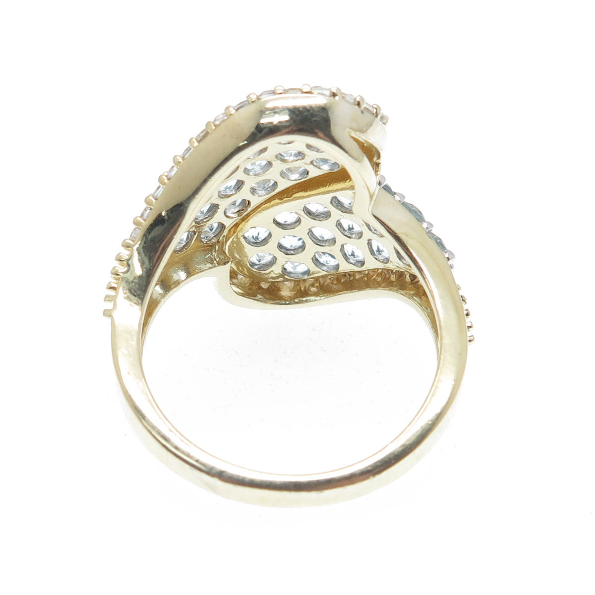 HN HENG NGAI 925 Sterling Gold Plated Real Blue Topaz & C Z Wavy Ring Size 9.25