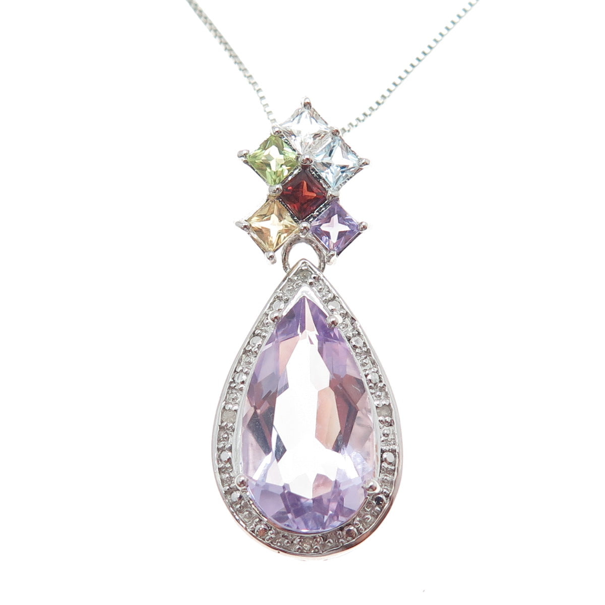 925 Sterling Silver Real Diamond & Multi-Color Gem Box Chain Necklace 18"