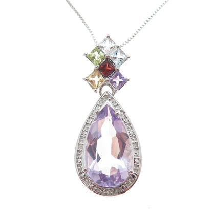 925 Sterling Silver Real Diamond & Multi-Color Gem Box Chain Necklace 18"