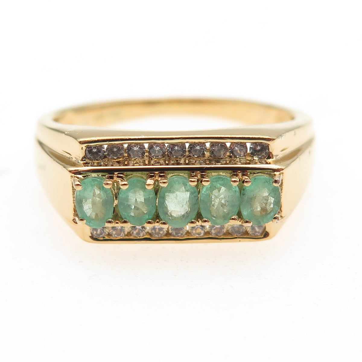 D'JOY 925 Sterling Silver Gold Plated Real Emerald & White Topaz Ring Size 13