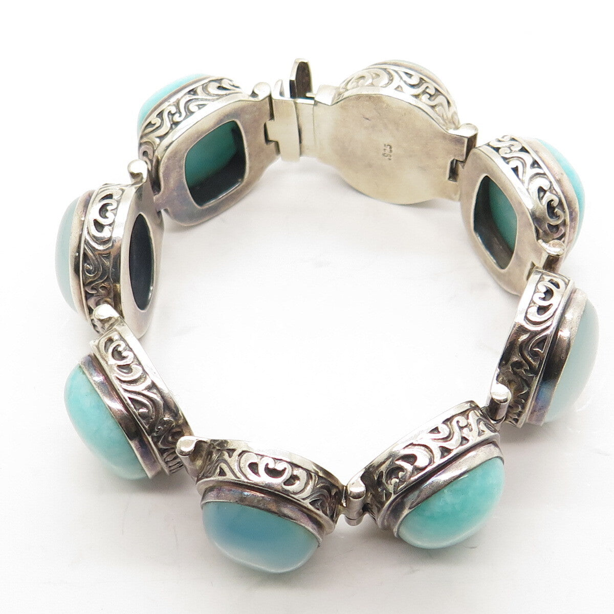 925 Sterling Silver Vintage Amazonite & Chalcedony Solid 102.5g Bracelet 6.5"