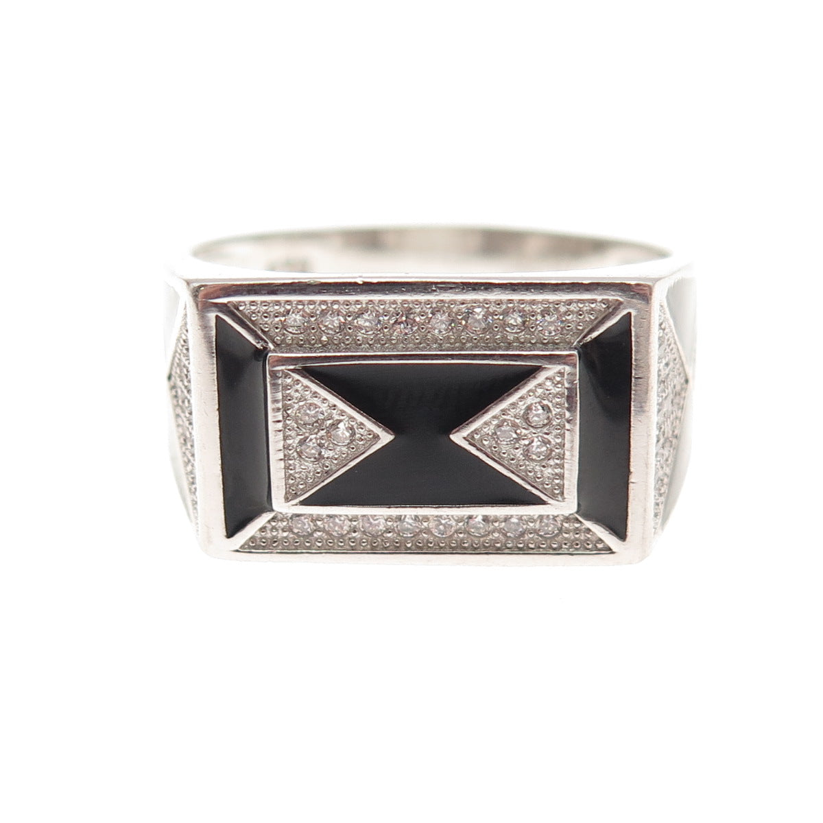 925 Sterling Silver Black Enamel & Round-Cut C Z Geometric Ring Size 11.25