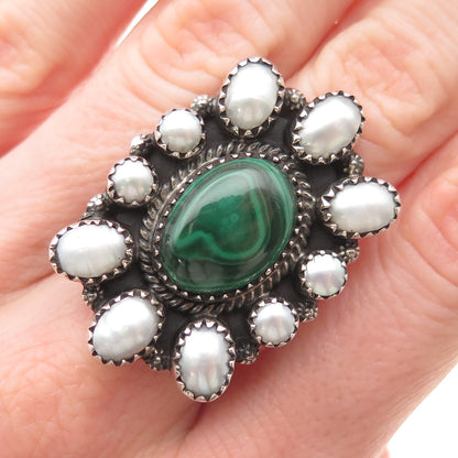 925 Sterling Silver Vintage Real Malachite & Pearl Statement Ring Size 9