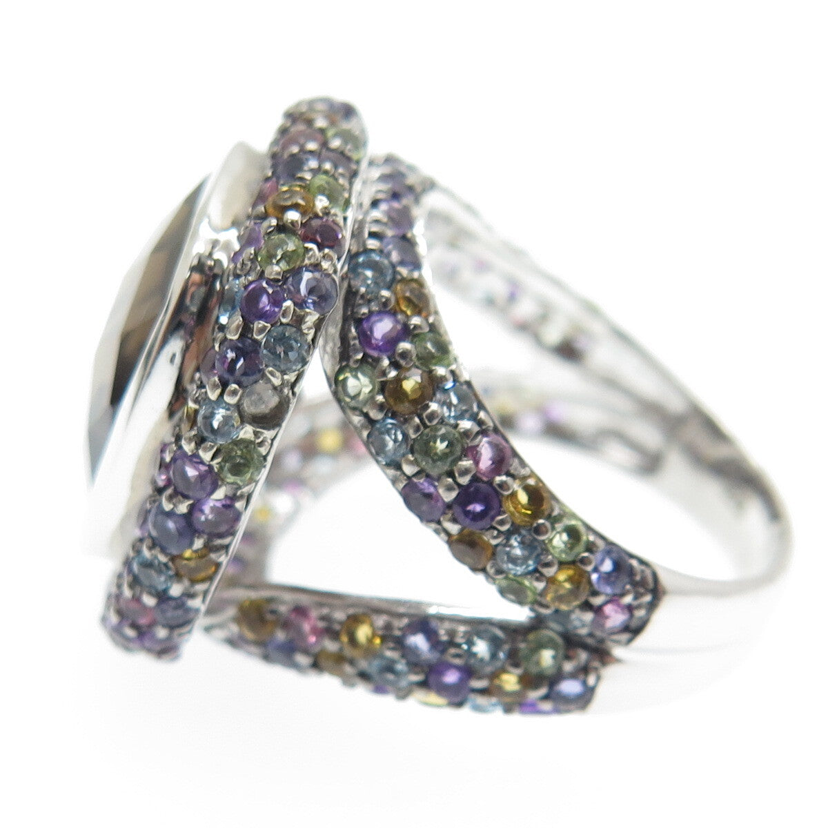 DSMK 925 Sterling Silver Real Multi-Color Gemstone Cushion Ring Size 7.25