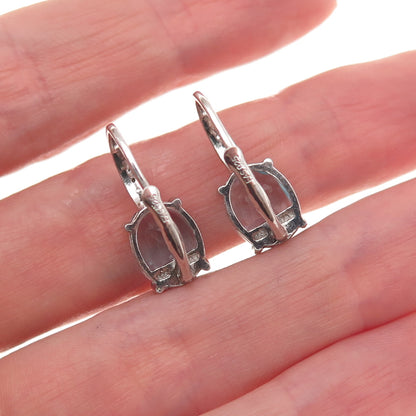 925 Sterling Silver Real Round-Cut Diamond & Oval-Cut Blue Topaz Earrings