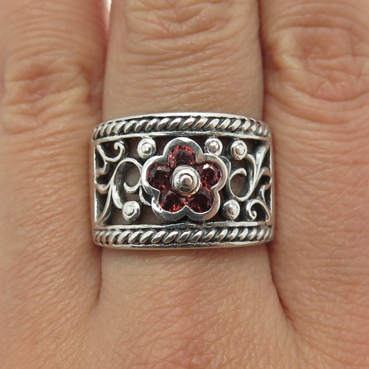 PRANDA 925 Sterling Silver Vintage Red Garnet Gemstone Floral Ring Size 9.25