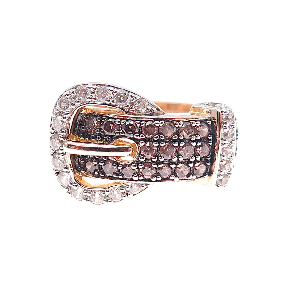 ROSS SIMONS Sterling Silver Gold Plated Cognac & White C Z Buckle Ring Size 7