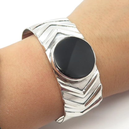 925 Sterling Silver Vintage Real Black Onyx Gem Geometric Cuff Bracelet 6.5"