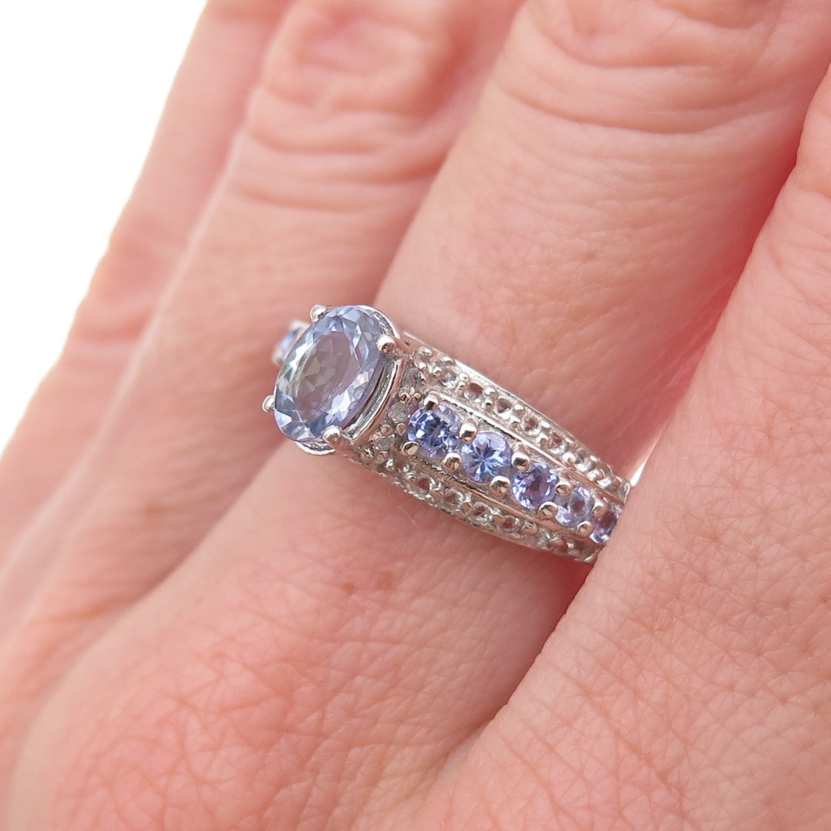 Chuck Clemency 925 Sterling Silver Real Tanzanite & White Topaz Ring Size 8.25