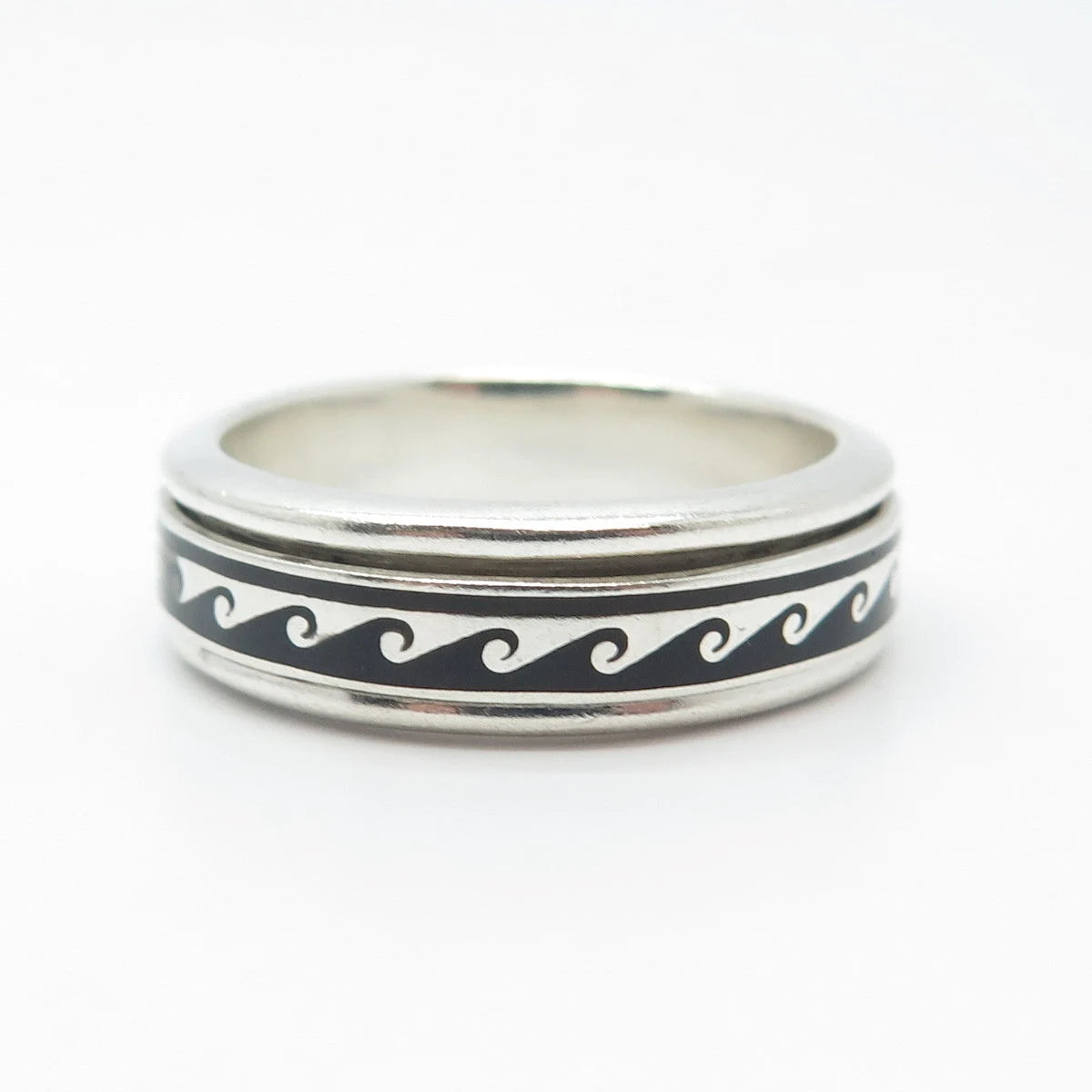 925 Sterling Silver Vintage Mexico Enamel Water Pattern Band Ring Size 13.25