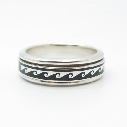 925 Sterling Silver Vintage Mexico Enamel Water Pattern Band Ring Size 13.25
