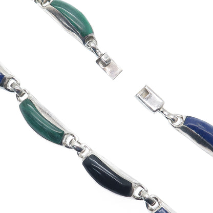 950 Silver Vintage Azurite Turquoise Jasper Onyx Lapis & Malachite Necklace 20"