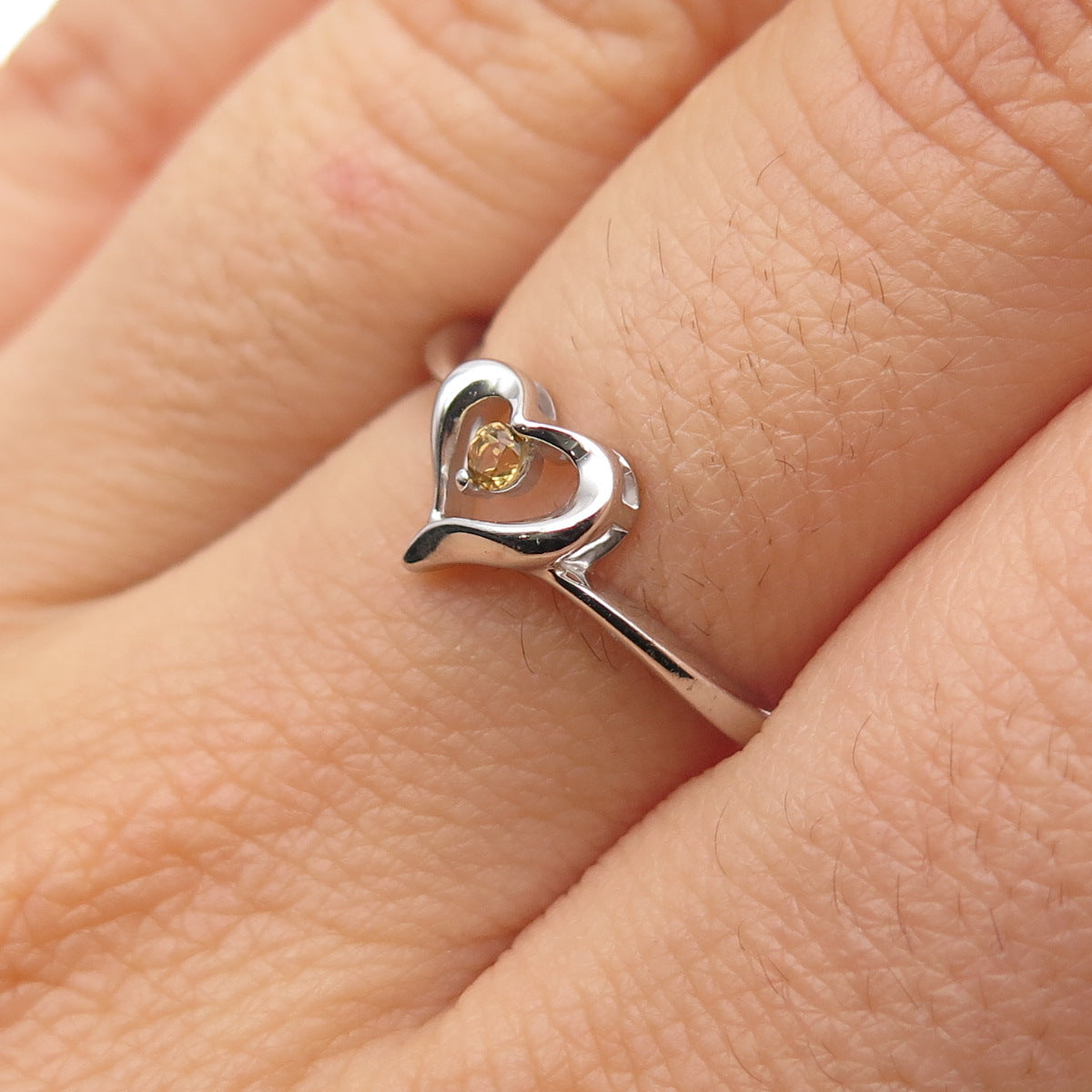 925 Sterling Silver Real Round-Cut Citrine Heart Ring Size 6.75