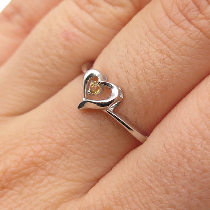 925 Sterling Silver Real Round-Cut Citrine Heart Ring Size 6.75