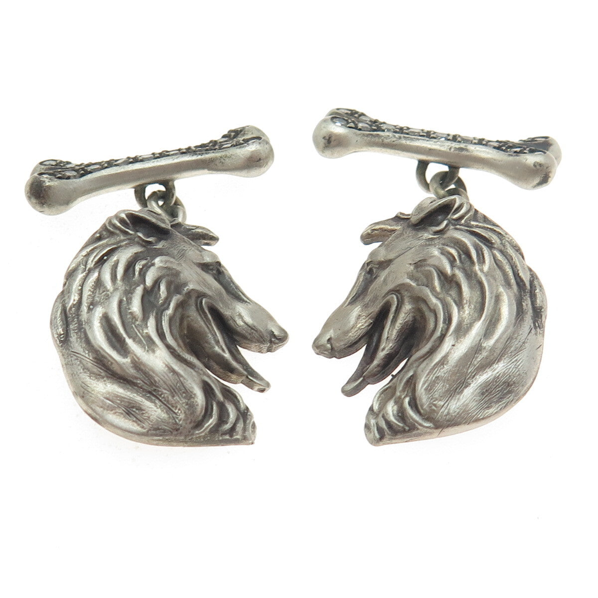 925 Sterling Silver Vintage Real Round-Cut White Diamond Collie Dog Cufflinks