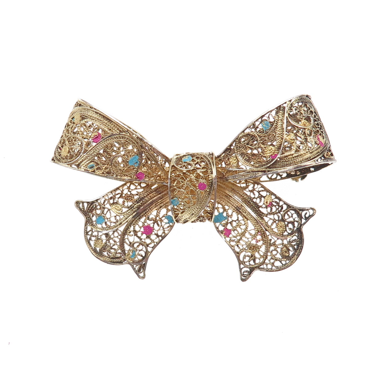 925 Sterling Silver Gold Plated Antique Art Deco Enamel Bow Filigree Pin Brooch