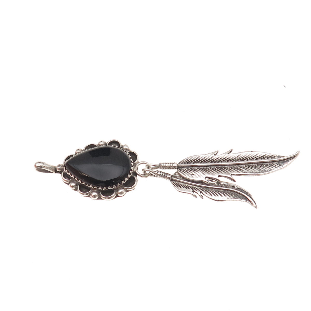 Old Pawn 925 Sterling Silver Vintage Southwestern Black Onyx Feather Pendant