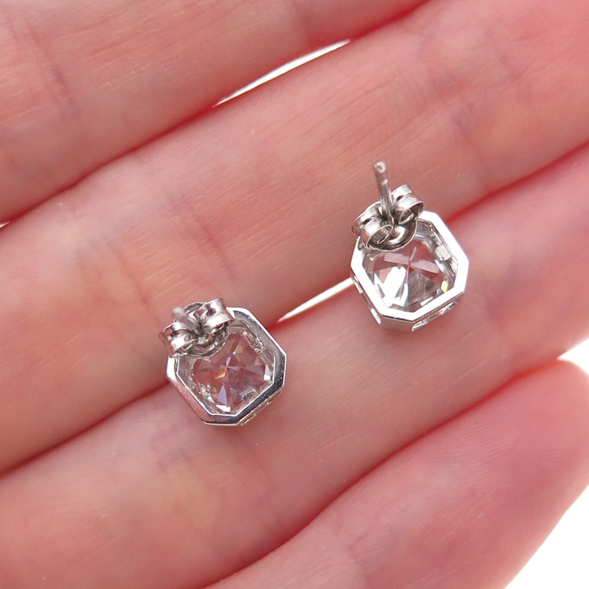 925 Sterling Silver Asscher-Cut C Z Stud Earrings