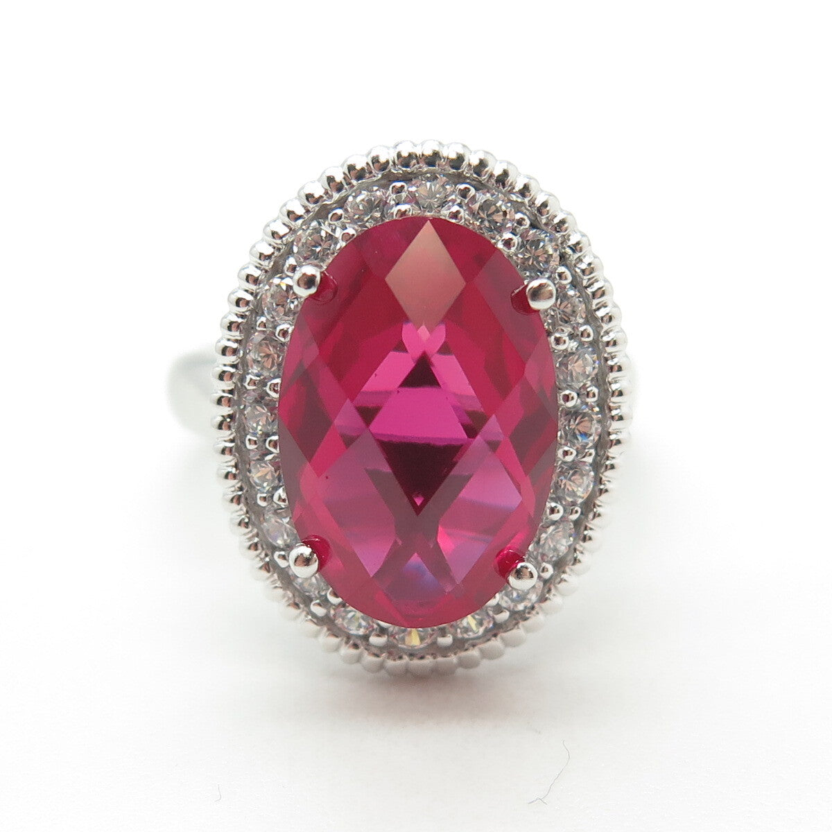 925 Sterling Silver Lab-Created Ruby & C Z Ring Size 7