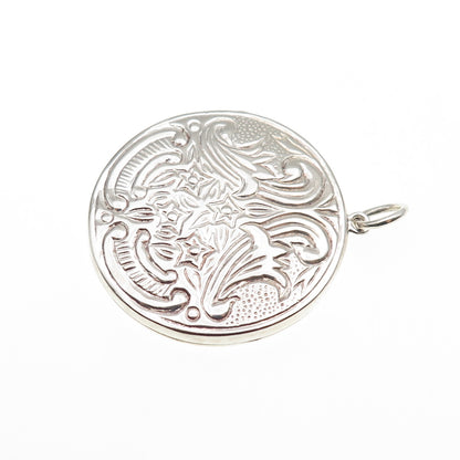925 Sterling Silver Vintage Floral Repousse Round Locket Pendant