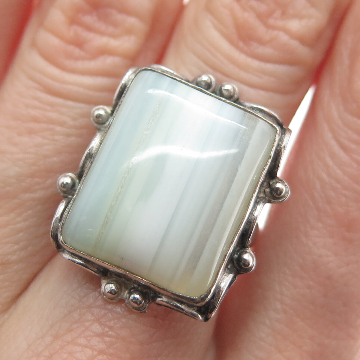 925 Sterling Silver Vintage Real White Agate Gem Oxidized Ring Size 7.75