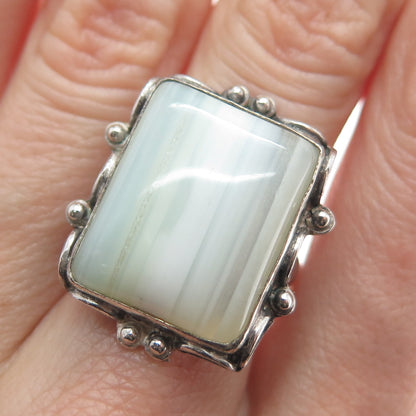 925 Sterling Silver Vintage Real White Agate Gem Oxidized Ring Size 7.75