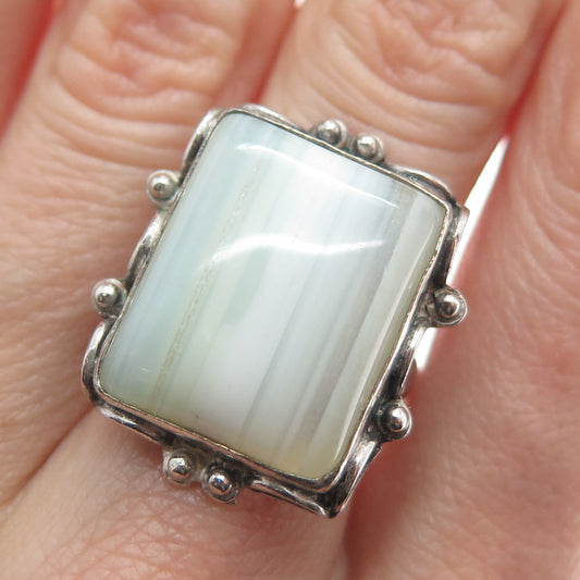 925 Sterling Silver Vintage Real White Agate Gem Oxidized Ring Size 7.75