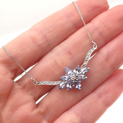 925 Sterling Silver Real Diamond & Tanzanite Floral Cuban Chain Necklace 20"