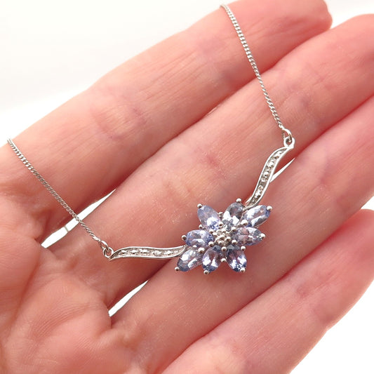 925 Sterling Silver Real Diamond & Tanzanite Floral Cuban Chain Necklace 20"