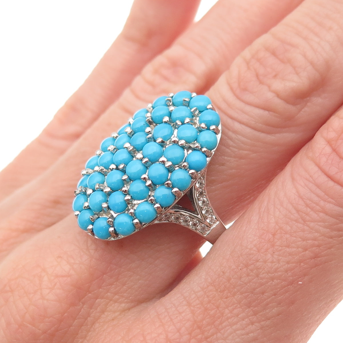 925 Sterling Silver Real Sleeping Beauty Turquoise & White Topaz Ring Size 8.25
