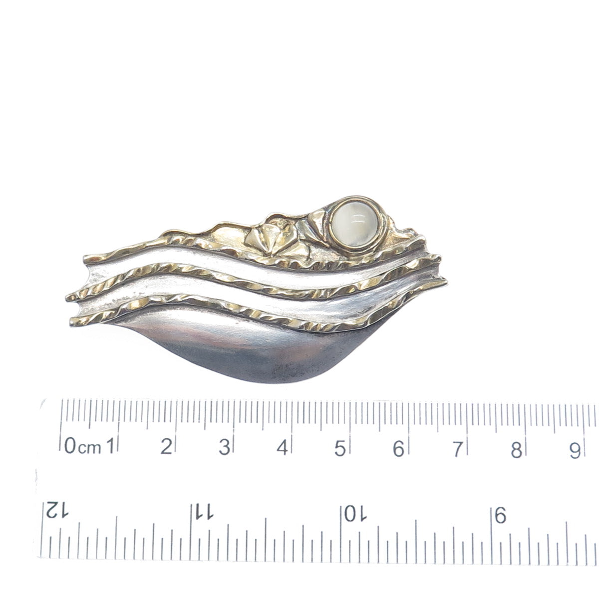 925 Sterling Silver 2-Tone Vintage RW Real Moonstone Modernist Pin Brooch