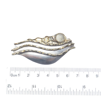 925 Sterling Silver 2-Tone Vintage RW Real Moonstone Modernist Pin Brooch