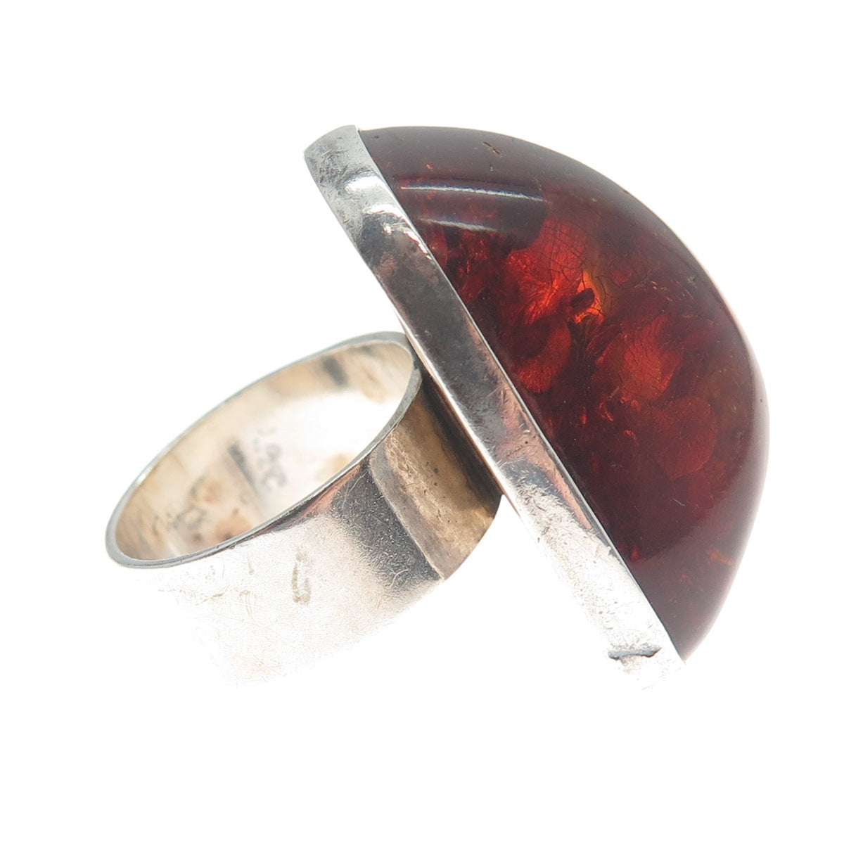 925 Sterling Silver Vintage LA Poland Real Amber Modernist Domed Ring Size 8
