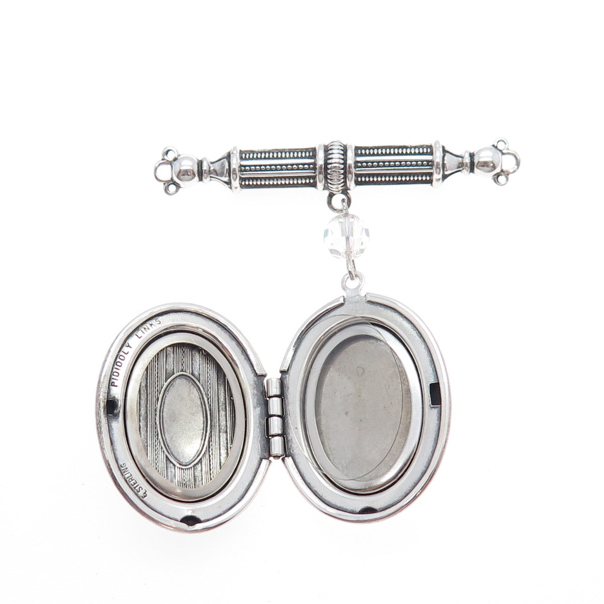 PIDIDDLY LINKS Sterling Silver Antique Crystal Locket Medal Oxidized Pin Brooch