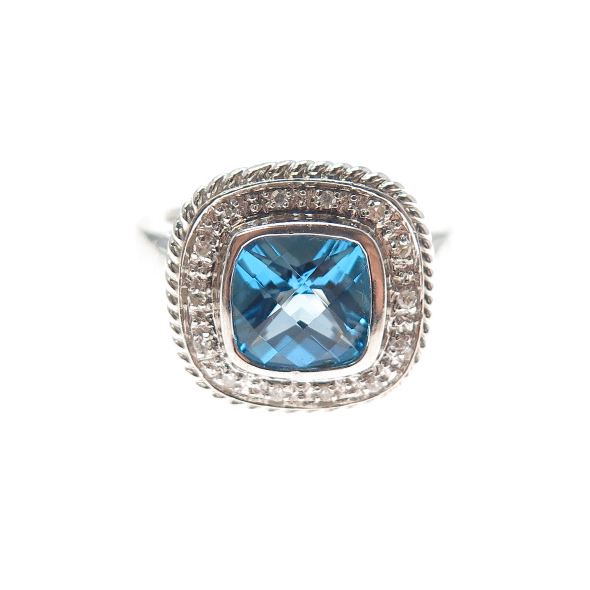 925 Sterling Silver Real Diamond & Blue Topaz Ring Size 7.25
