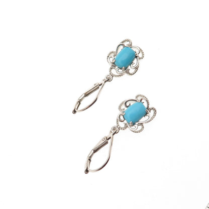 925 Sterling Silver Real Sleeping Beauty Turquoise Floral Dangle Earrings