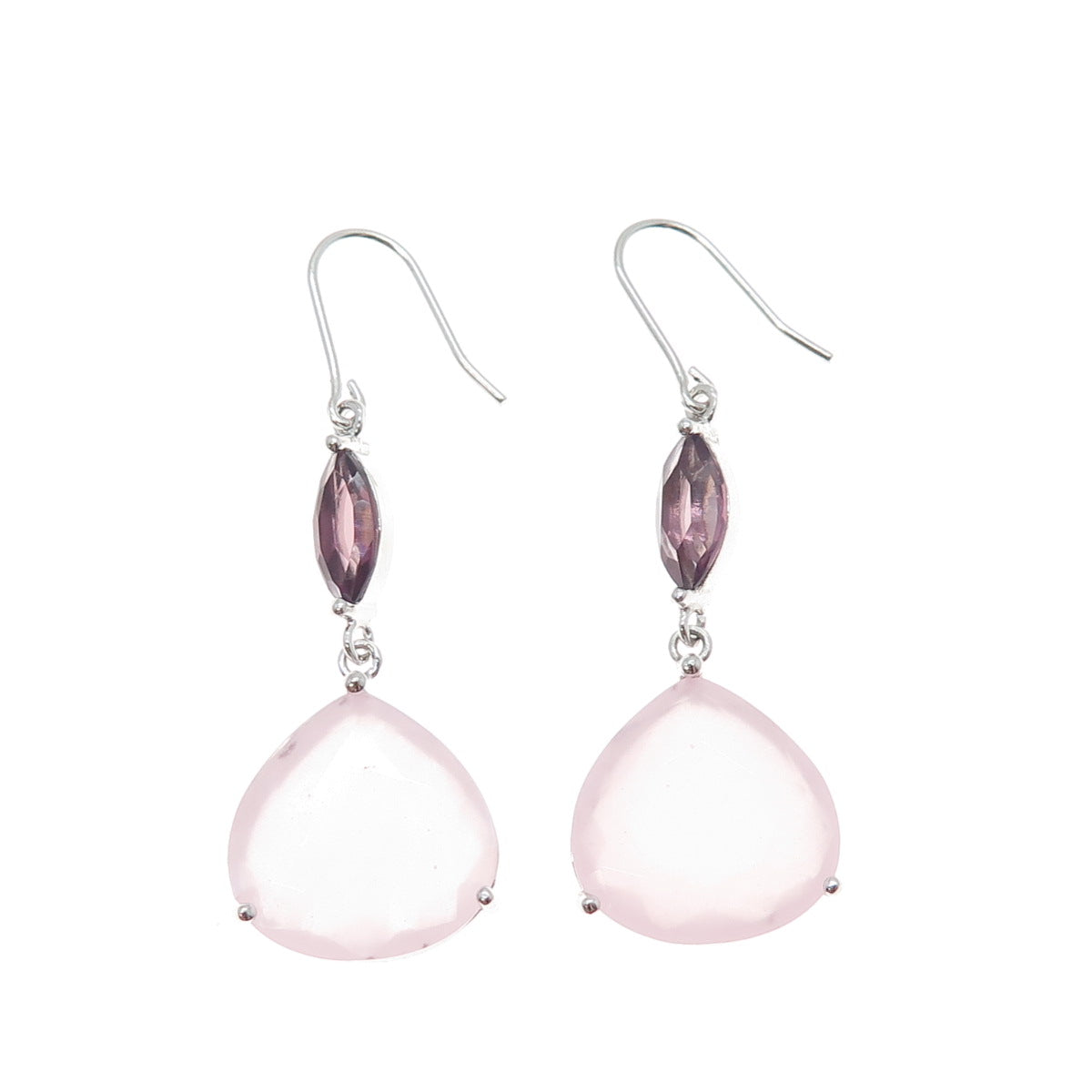 925 Sterling Silver Real Rose Chalcedony & Amethyst Dangle Earrings