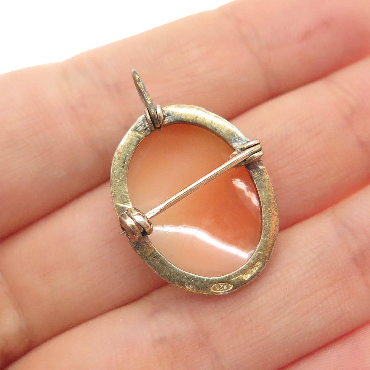 925 Sterling Silver Gold Plated Vintage Italy Real MOP Cameo Pin Brooch Pendant