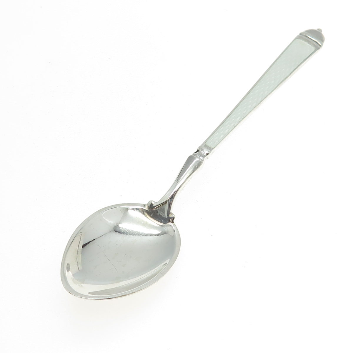 WATSON 925 Sterling Silver Vintage White Guilloche Enamel Coffee Spoon