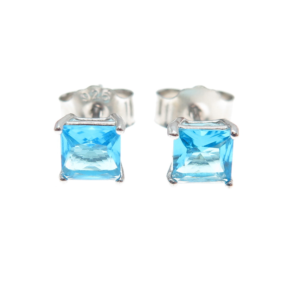 925 Sterling Silver Princess-Cut Blue C Z Stud Earrings