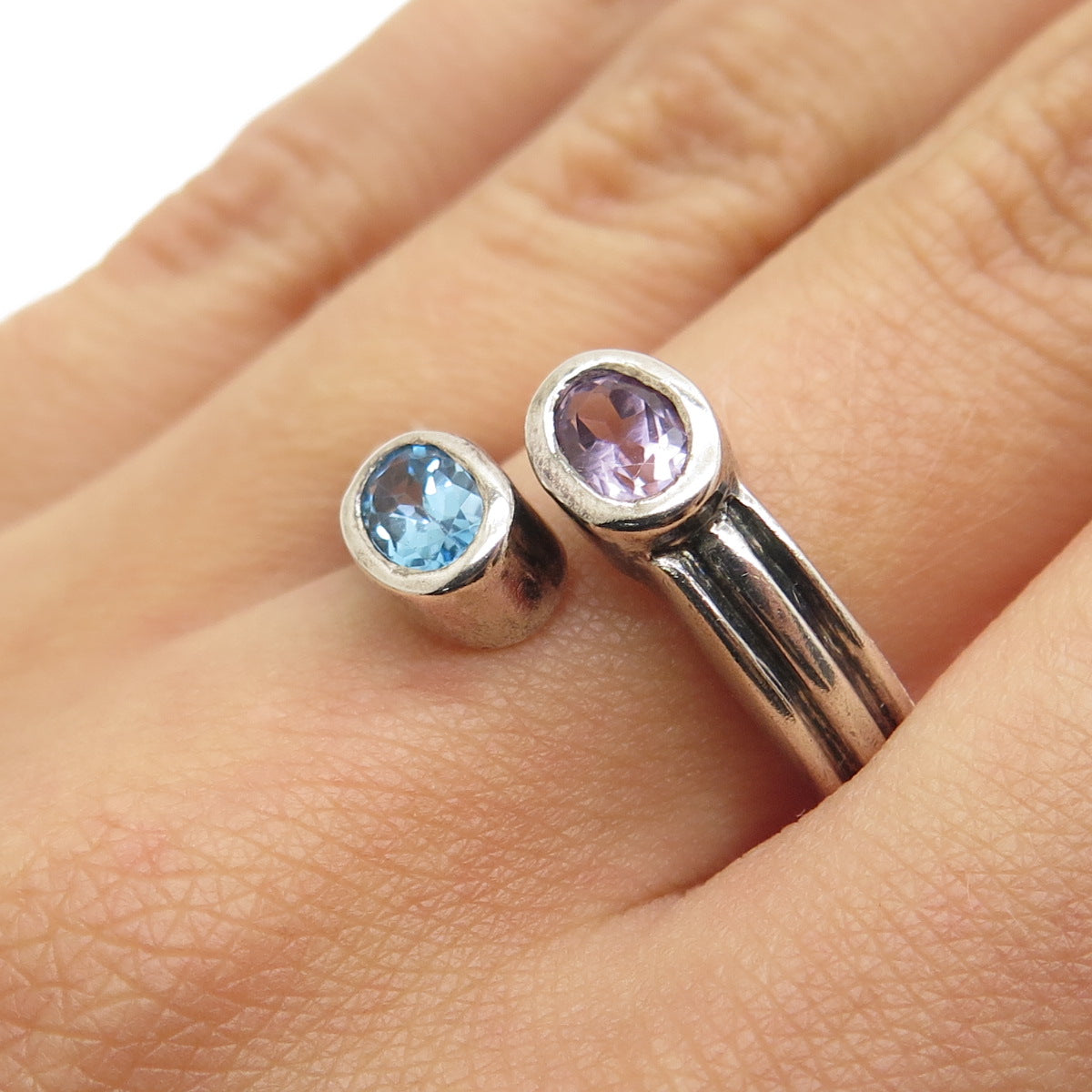 925 Sterling Silver Vintage Real Blue Topaz & Amethyst Adjustable Ring Size 7.75
