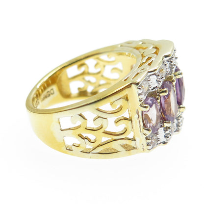 DSMK 925 Sterling Silver Gold Plated Real Purple Sapphire & C Z Ring Size 5