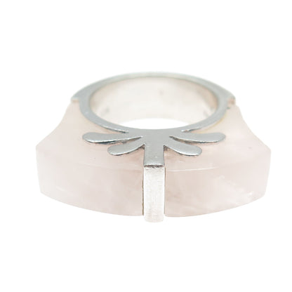 925 Sterling Silver Vintage Real Rose Quartz Modernist Ring Size 6.25