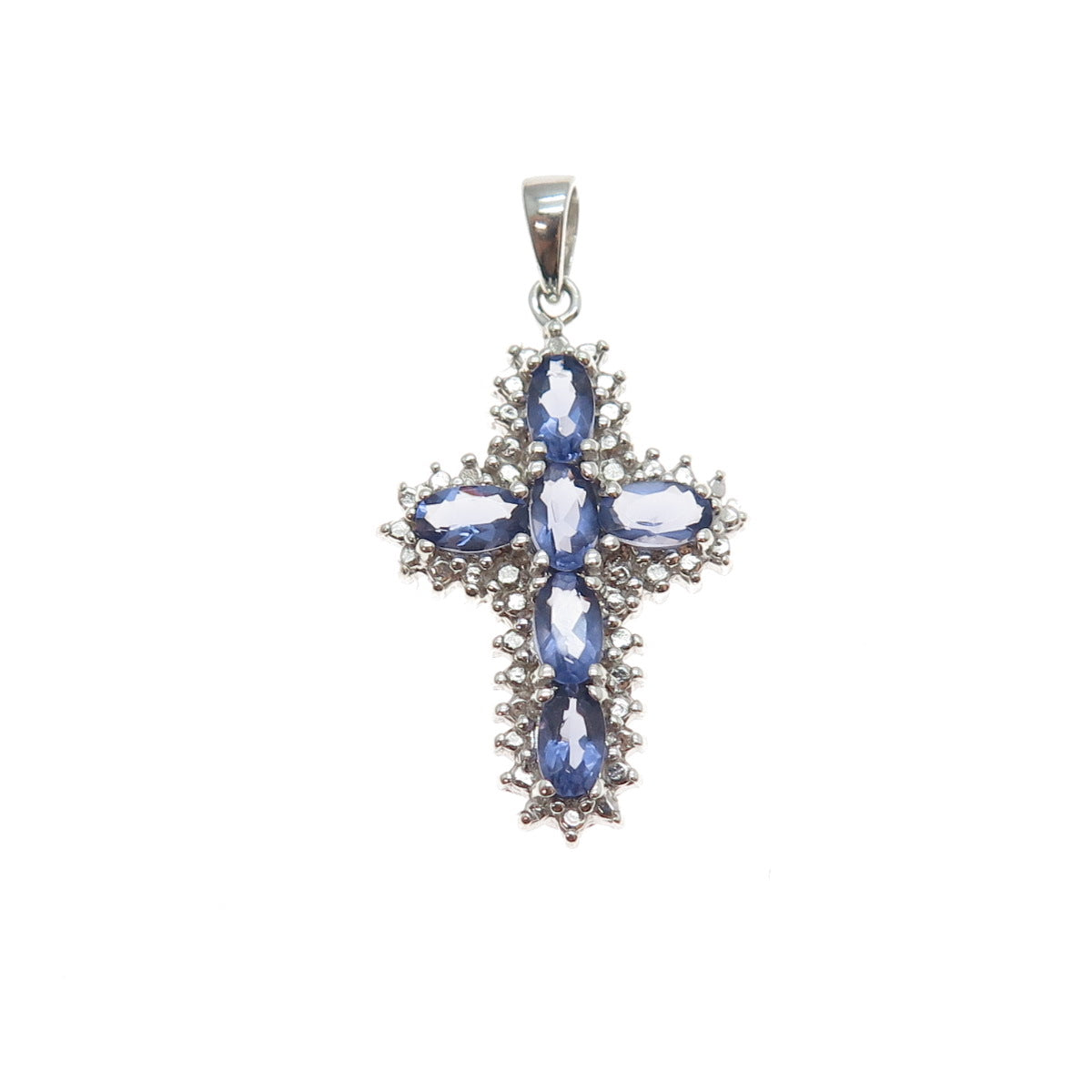 925 Sterling Silver Real Oval-Cut Iolite Cross Charm Pendant