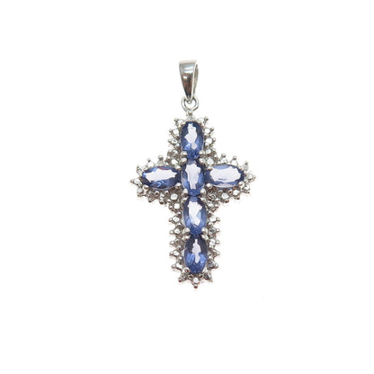 925 Sterling Silver Real Oval-Cut Iolite Cross Charm Pendant